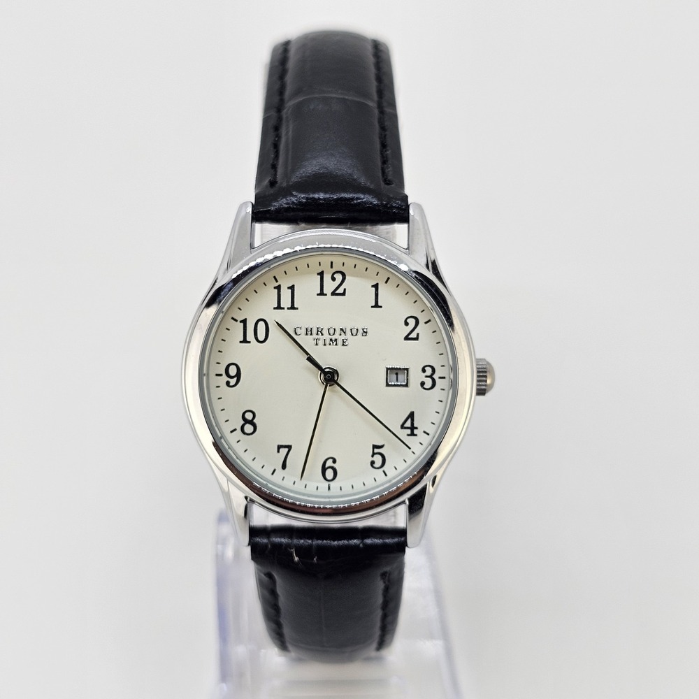 Women's Analog Watch 30MM White Dial Date NEW Black Leather Bands NEW Battery